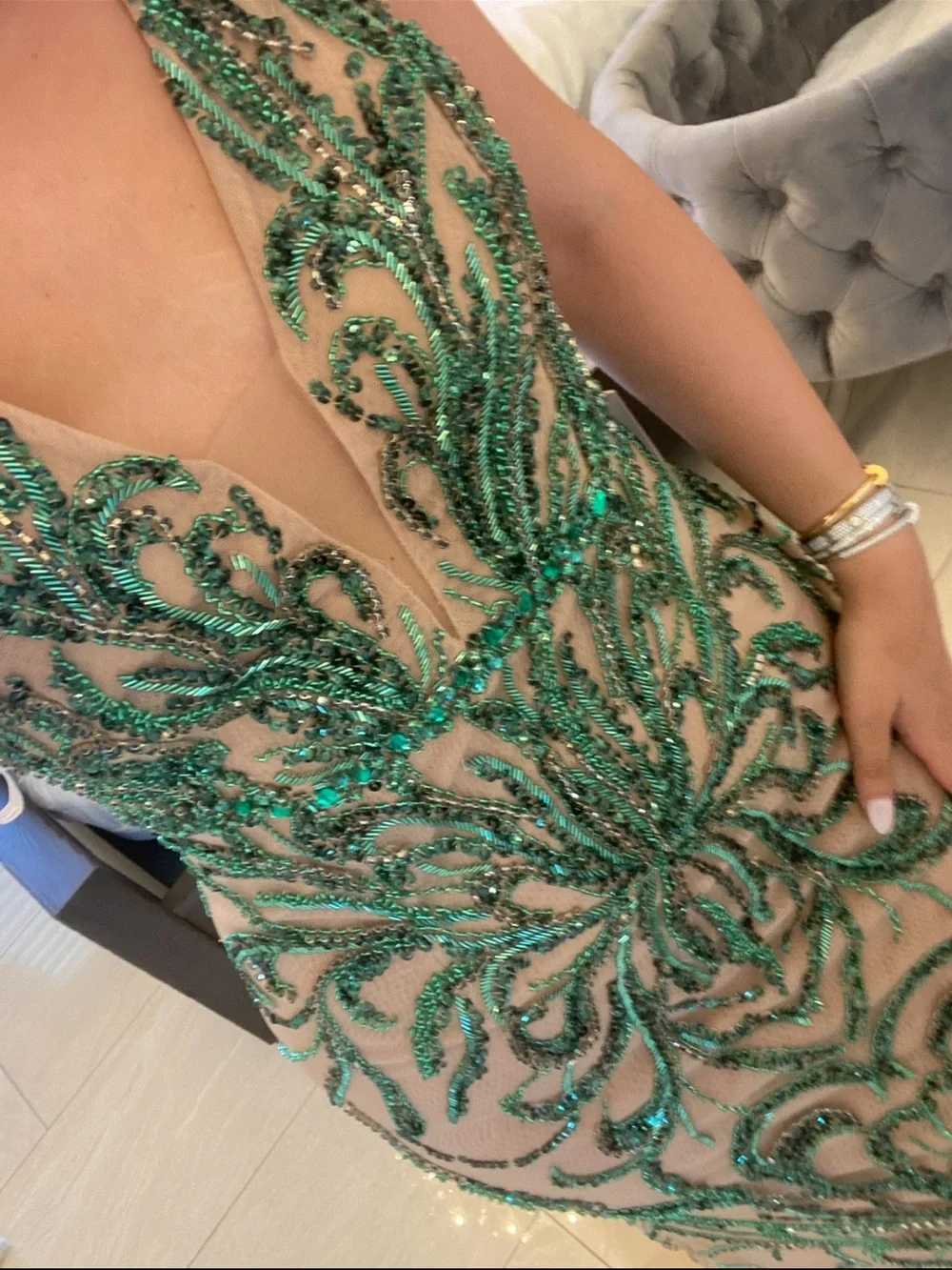Jovani 60289 Emerald Beaded Nude Illusion Couture Gown Dress Size 10 - Picture 4 of 16